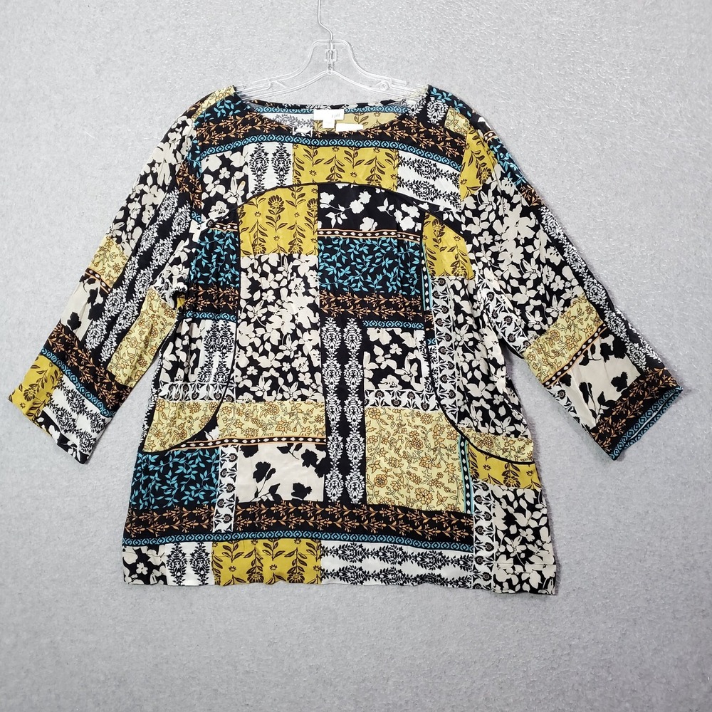 J Jill Women Top Large Yellow Floral Patchwork Shirt 3/4 Sleeve Pullover